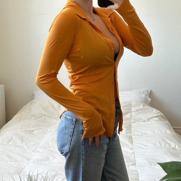 Aritzia orange long sleeve sheer button up shirt - Picture 4 of 7
